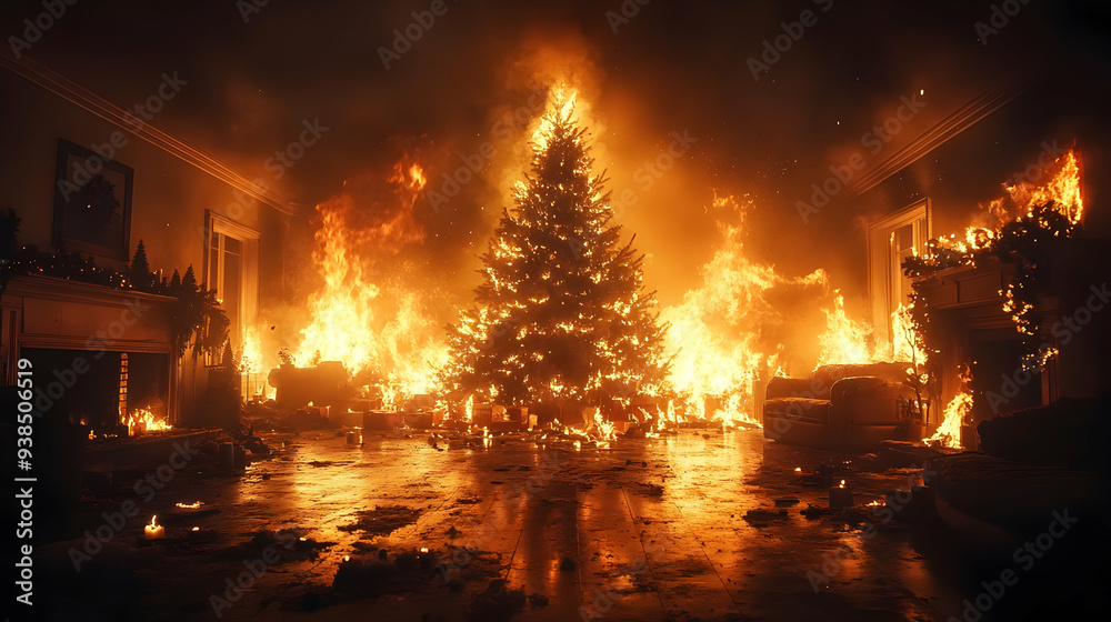 A Christmas tree engulfed in flames inside a burning house. A Christmas tree engulfed in flames inside a burning house.