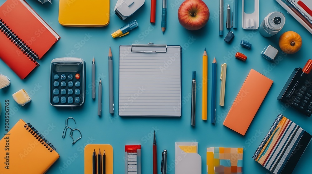 Collection of school supplies overhead view flat lay : Generative AI Collection of school supplies overhead view flat lay : Generative AI