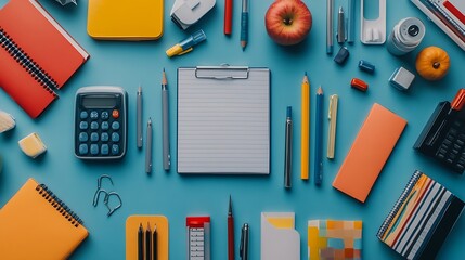 Collection of school supplies overhead view  flat lay : Generative AI