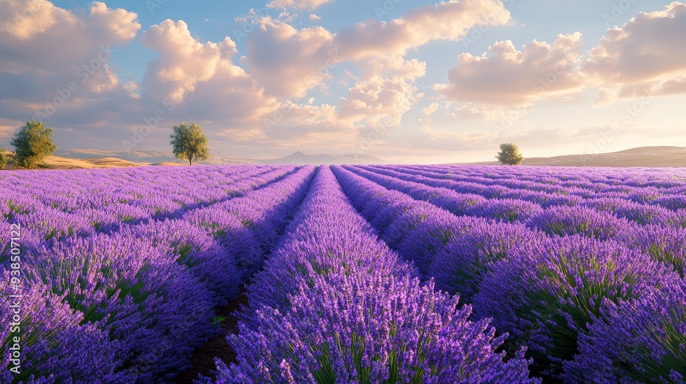 Sunset over a peaceful lavender field with golden light Sunset over a peaceful lavender field with golden light