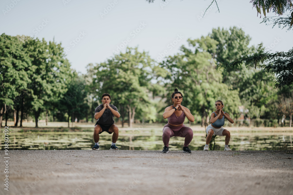 Three individuals engaging in a group workout performing squats at the park by the lake, promoting fitness and healthy lifestyle.