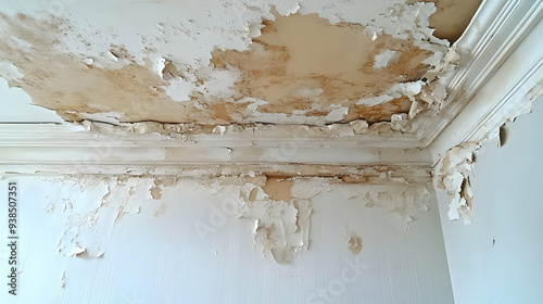 A close-up view of water damage on a ceiling with peeling paint and crumbling plaster.