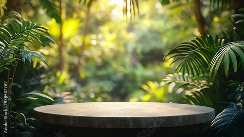 Concrete podium tabletop floor in outdoor tropical garden forest blurred green leaf plant nature backgroundNatural product placement pedestal stand displaysummer jungle paradise concep : Generative AI photo