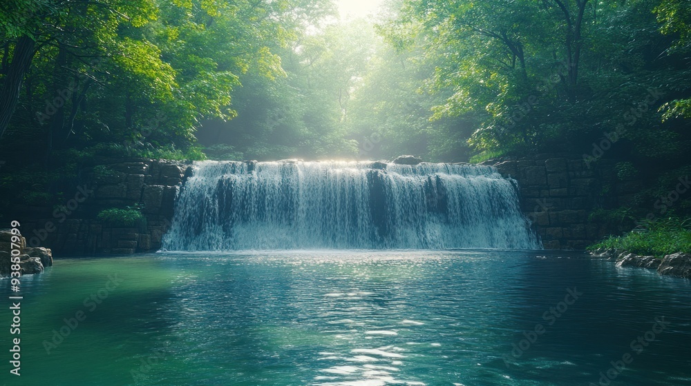 Fototapeta premium Tranquil Waterfall in a Lush Forest