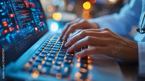  Close up of doctor working on computer in doctor's office. Physician doing paperwork and administration