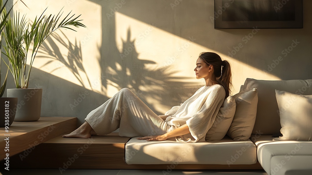 Woman relaxing in a minimal home : Generative AI Woman relaxing in a minimal home : Generative AI