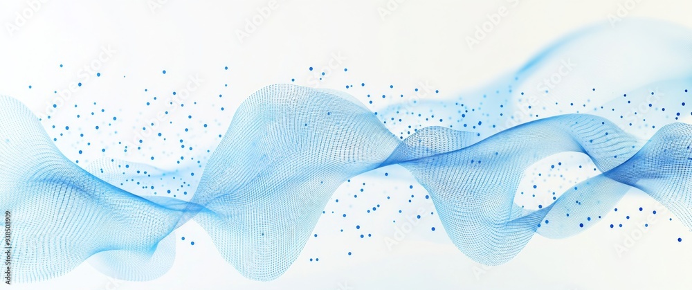 Abstract Blue Wave Pattern with Digital Dots and Polygonal Wireframe on White Background for Technology and Data Concept