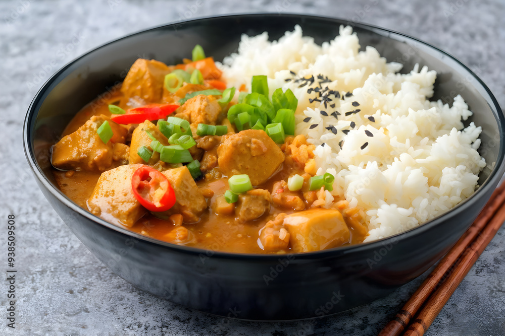 Aromatic Japanese curry paired with white rice, garnished with fresh herbs Aromatic Japanese curry paired with white rice, garnished with fresh herbs