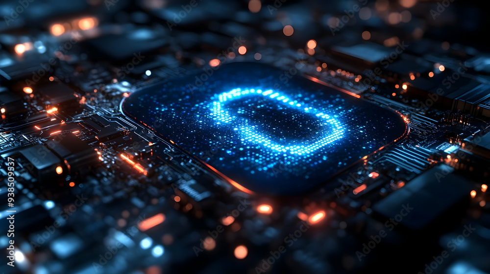 Fototapeta premium A glowing blue padlock icon on a circuit board.