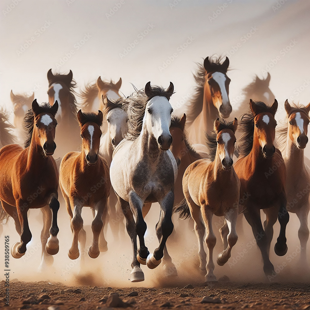 Herd of mustangs galloping, kicking up dust Herd of mustangs galloping, kicking up dust