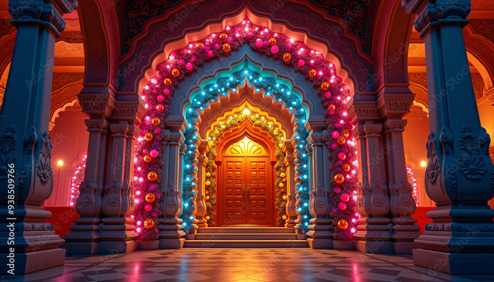 Obraz premium Colorful and festive Navratri banners and beautiful festoons gracefully hanging across a magnificent temple’s ornate doorway adding vibrancy to the entrance