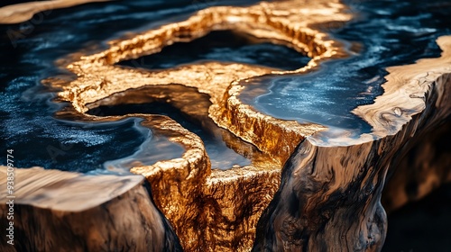 Expensive vintage furniture The table is covered with epoxy resin and varnished Luxury quality wood processing Wooden table on a dark background A gold epoxy river in a rectangular tre : Generative AI