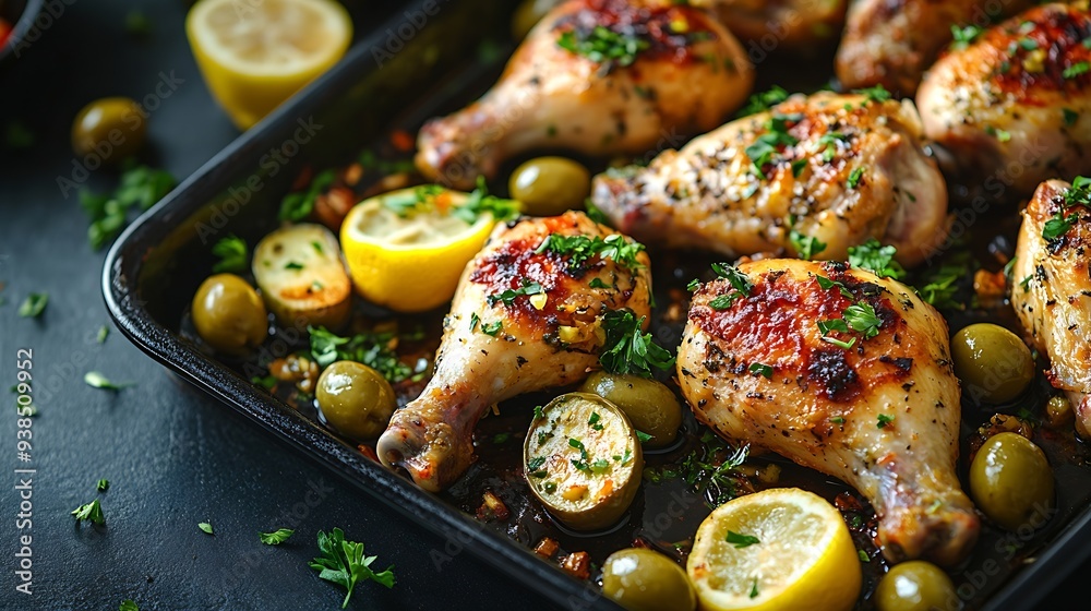 Mediterraneanstyle chicken with lemon garlic olives and herbs and baked potatoes Oven baked chicken legs : Generative AI Mediterraneanstyle chicken with lemon garlic olives and herbs and baked potatoes Oven baked chicken legs : Generative AI