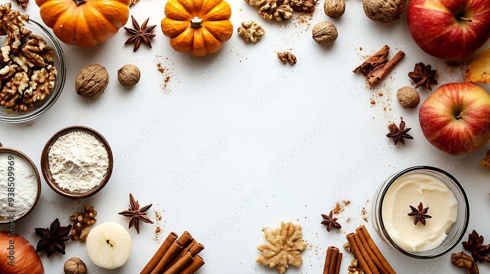 Autumn fall baking background with pumpkins apples nuts food ingredients and seasonal spices on white top view copy space Cooking pumpkin or apple pie for Thanksgiving and autumn holid : Generative AI Autumn fall baking background with pumpkins apples nuts food ingredients and seasonal spices on white top view copy space Cooking pumpkin or apple pie for Thanksgiving and autumn holid : Generative AI