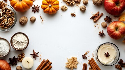 Autumn fall baking background with pumpkins apples nuts food ingredients and seasonal spices on white top view copy space Cooking pumpkin or apple pie for Thanksgiving and autumn holid : Generative AI