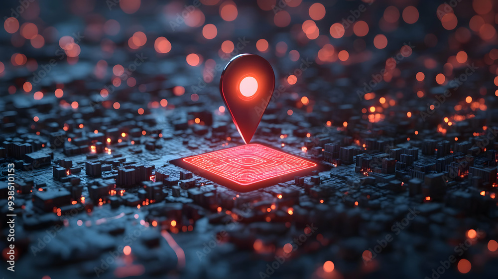 A glowing red location pin on a futuristic cityscape, representing the digital world of GPS and location tracking. A glowing red location pin on a futuristic cityscape, representing the digital world of GPS and location tracking.