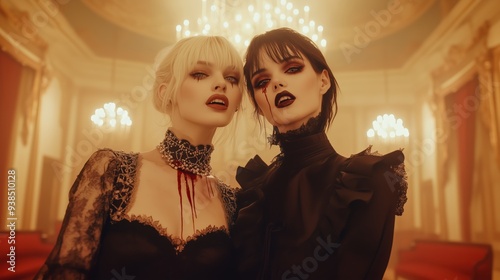 Gothic female vampire duo with contrasting blonde and black hair, intricate lace and pearl outfits, and blood dripping in an opulent, dimly lit ballroom photo