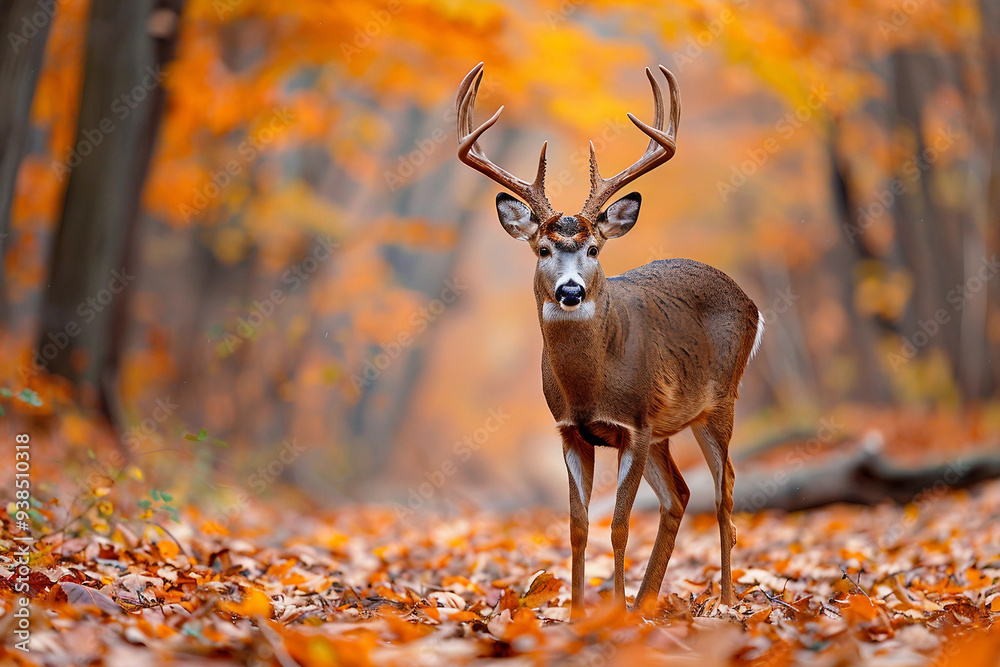 A deer stands in a forest with autumn leaves on the ground