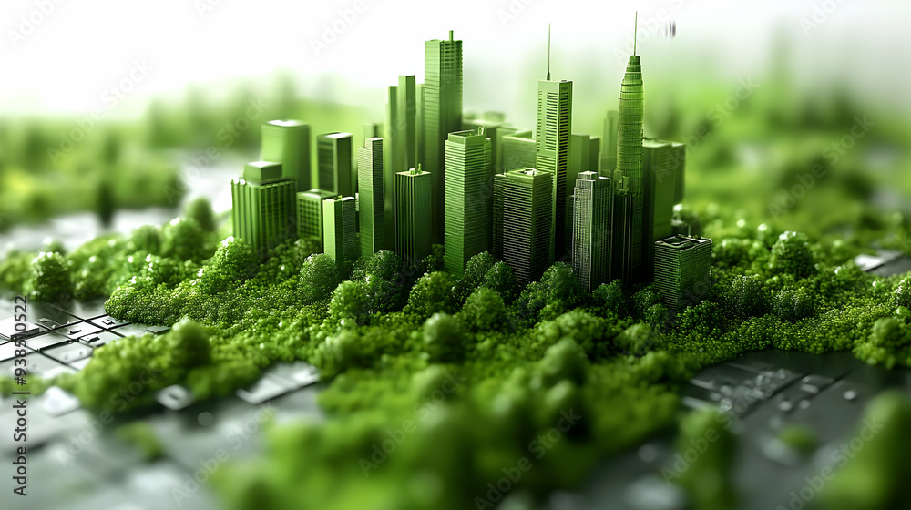 A green city made of buildings and trees surrounded by lush greenery.