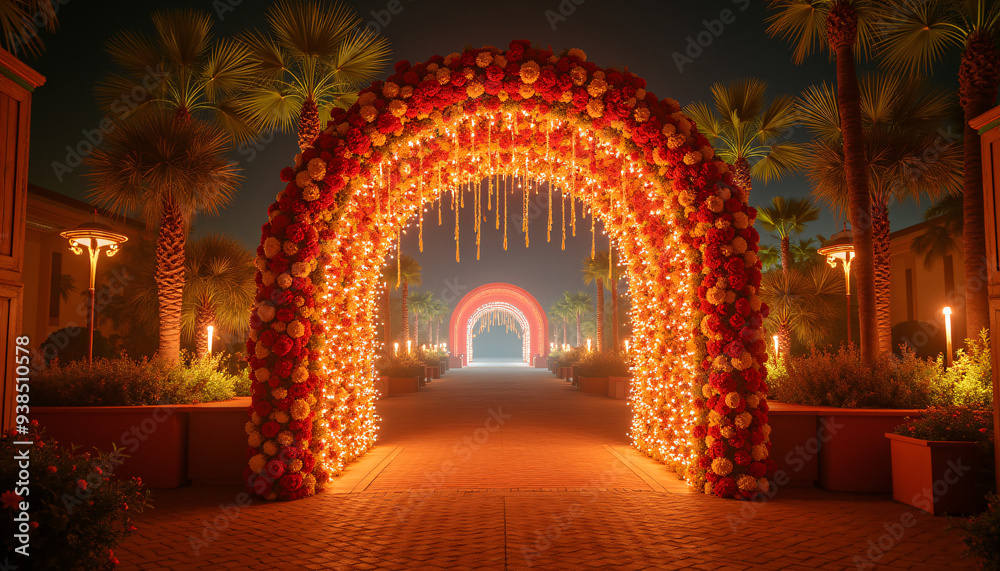 Festive archway adorned with lights and flowers creating an inviting entrance to the Dussehra celebration area Festive archway adorned with lights and flowers creating an inviting entrance to the Dussehra celebration area