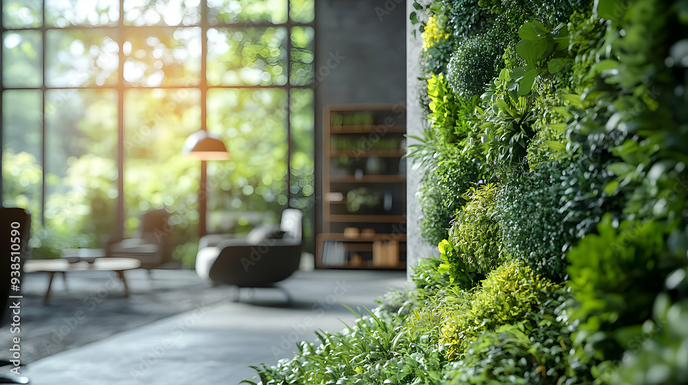 A green living wall adds a touch of nature to a modern office space. A green living wall adds a touch of nature to a modern office space.