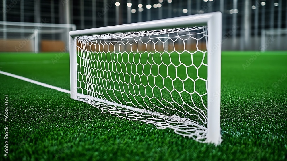 Fototapeta premium Soccer goal net on indoor soccer field with white border on artificial green grass : Generative AI
