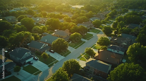 Straight aerial view suburban houses with parallel residential streets and backalley suburbs Dallas Fort Worth metro complex medium density subdivision large lots size warm light aeria : Generative AI photo