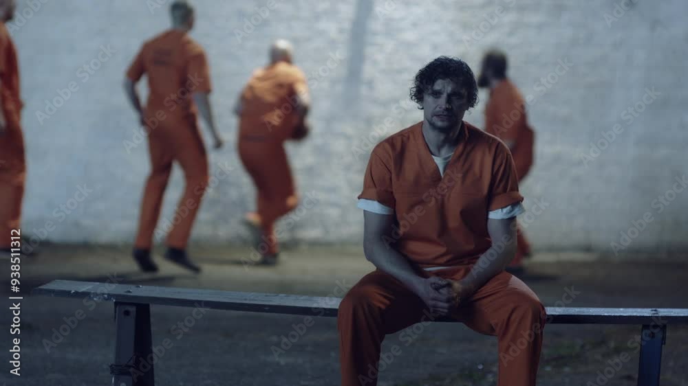 Inmates in prison playing basketball and one sitting on a wooden bench Inmates in prison playing basketball and one sitting on a wooden bench
