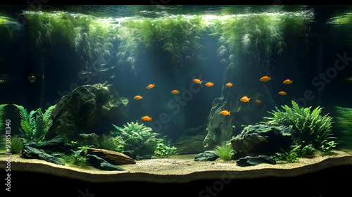 A large freshwater aquarium with lush green plants, rocks, and orange fish swimming in the middle. photo