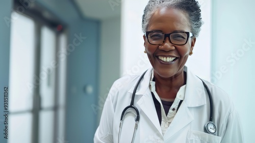 Elderly Afro-American female doctor in white professional clothes ,woman smiling