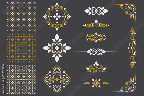 Set Of Golden Vintage ornament with border, frame, crown, ornate,  background, pattern, mandala and luxury elements, suitable for vintage design or wedding invitation card, banner and label