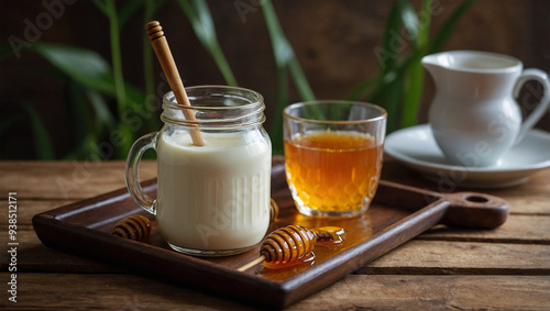 Glass of warm milk with a drizzle of honey, on a rustic tray with a honey dipper beside it.