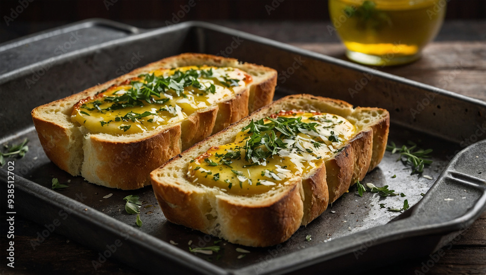 Garlic bread slices with melted butter and herbs, served on a hot baking tray with a side of marinara sauce. Garlic bread slices with melted butter and herbs, served on a hot baking tray with a side of marinara sauce.