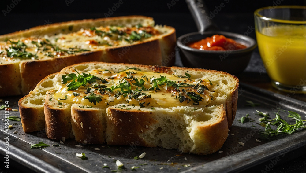 Garlic bread slices with melted butter and herbs, served on a hot baking tray with a side of marinara sauce. Garlic bread slices with melted butter and herbs, served on a hot baking tray with a side of marinara sauce.