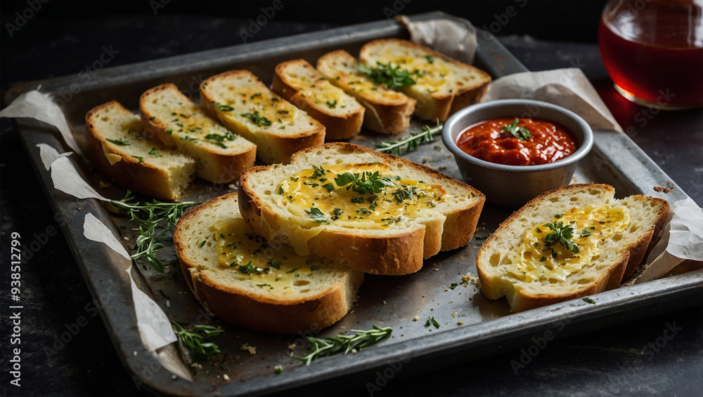 Garlic bread slices with melted butter and herbs, served on a hot baking tray with a side of marinara sauce. Garlic bread slices with melted butter and herbs, served on a hot baking tray with a side of marinara sauce.