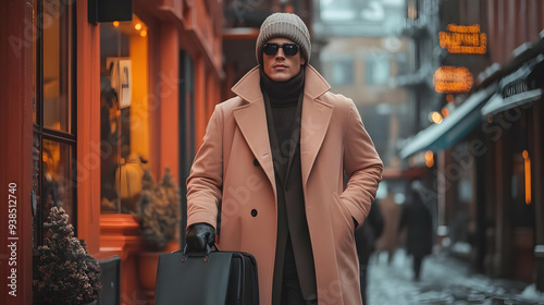 A man in a tan coat walks down a snowy city street, carrying a briefcase. photo