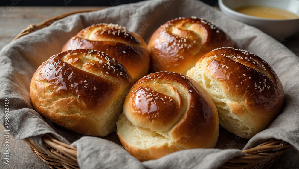 Soft and fluffy brioche rolls with a glossy finish, placed in a basket lined with a linen cloth. Soft and fluffy brioche rolls with a glossy finish, placed in a basket lined with a linen cloth.