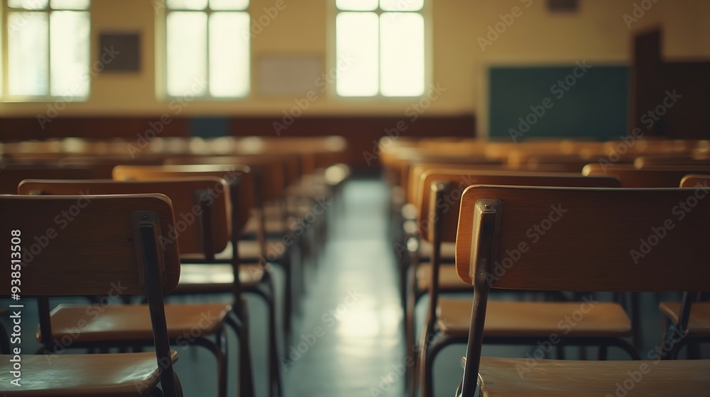 Empty classroom with a lot of chair with no student Empty classroom with vintage tone wooden chairs Back to school concept : Generative AI Empty classroom with a lot of chair with no student Empty classroom with vintage tone wooden chairs Back to school concept : Generative AI