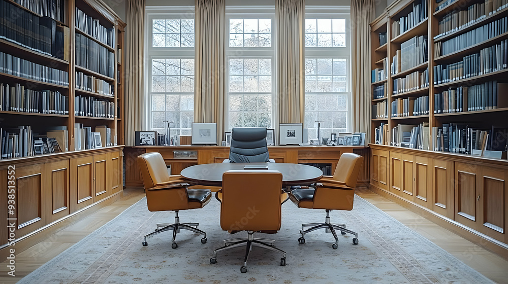 A meeting room with a large wooden table and four chairs, surrounded by bookshelves filled with books. A meeting room with a large wooden table and four chairs, surrounded by bookshelves filled with books.