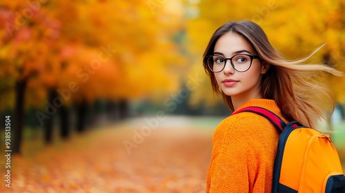 A young woman in glasses wearing an orange sweater walks through an autumn landscape with vibrant fall colors.