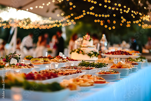 Buffet de mariage en extérieur dans le jardin avec guirlandes de lumière sous chapiteau