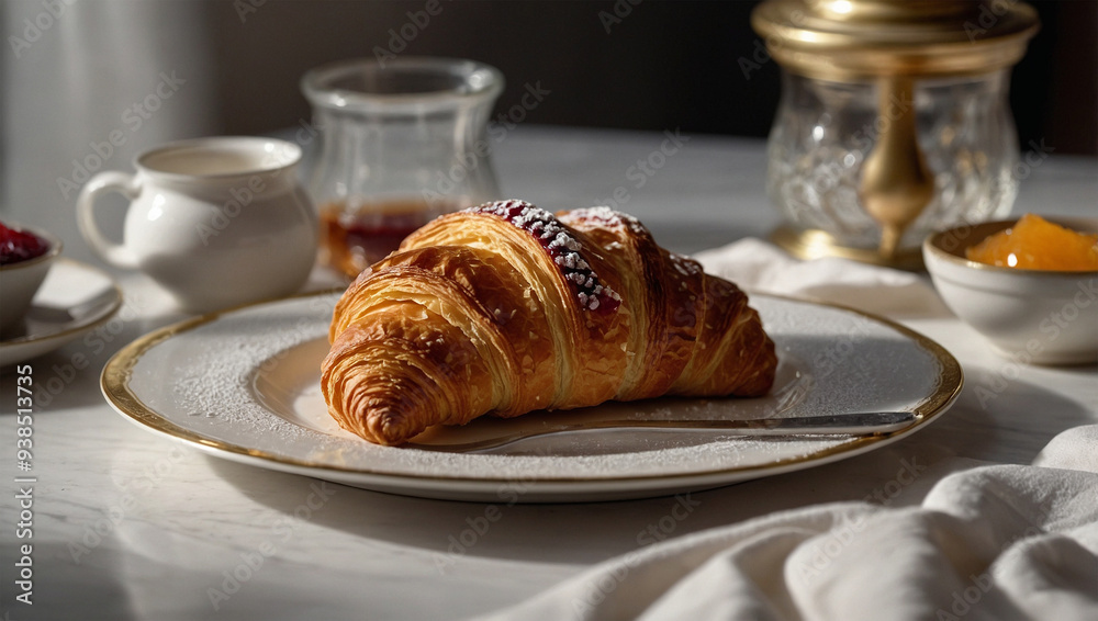 Golden croissant with flaky layers, served on a white plate with a small jar of jam.