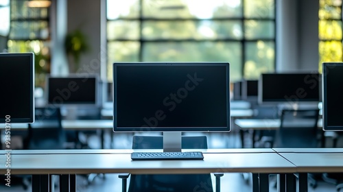 Modern office with computers on desks Empty computer room in college Interior of classroom with computers Concept of corporate working space : Generative AI photo