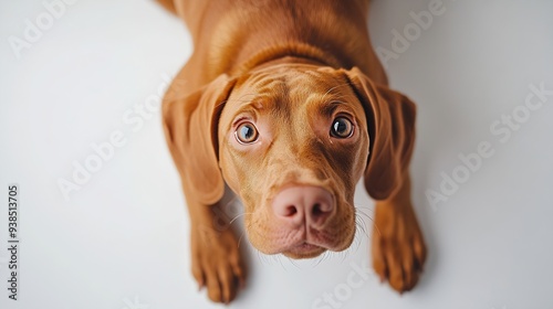 View from above of young purebred Hungarian Vizsla dog looking at camera against white studio background Fish eye effect Concept of pet lovers animal life grooming and veterinary Copy  : Generative AI photo