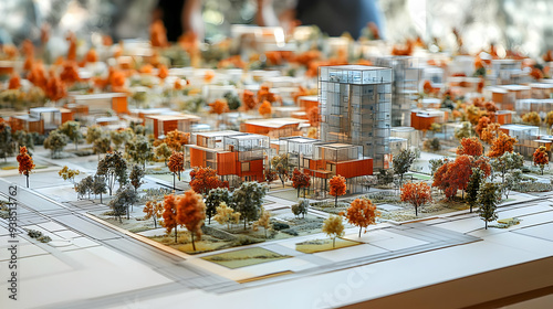 A miniature city model with buildings, trees, and streets, showing a cityscape design. photo