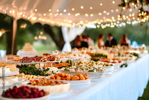 Buffet de mariage en extérieur dans le jardin avec guirlandes de lumière sous chapiteau photo