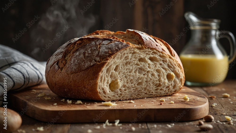 Freshly baked sourdough bread with a crispy crust, sliced on a wooden cutting board with a side of butter. Freshly baked sourdough bread with a crispy crust, sliced on a wooden cutting board with a side of butter.