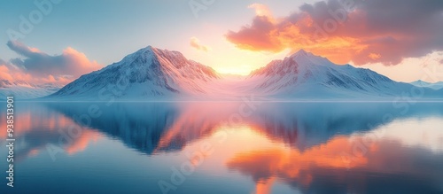 Snowy Mountains Reflecting in a Calm Lake at Sunset