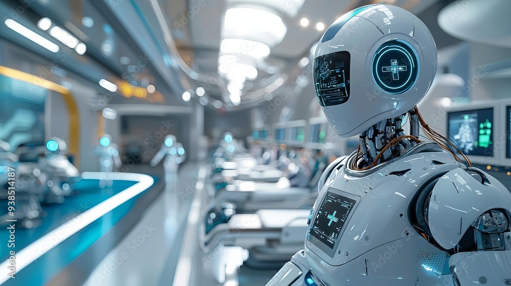 A futuristic AI-powered hospital with robots and advanced diagnostic tools, symbolizing healthcare transformed by AI A futuristic AI-powered hospital with robots and advanced diagnostic tools, symbolizing healthcare transformed by AI