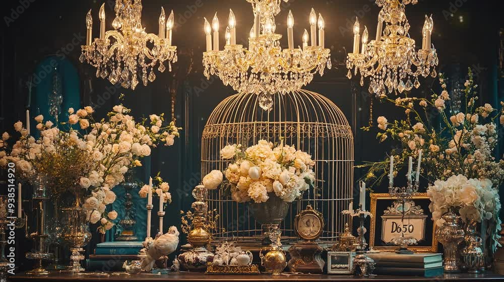 Video footage of a birdcage installation decorated with flowers and unique design.